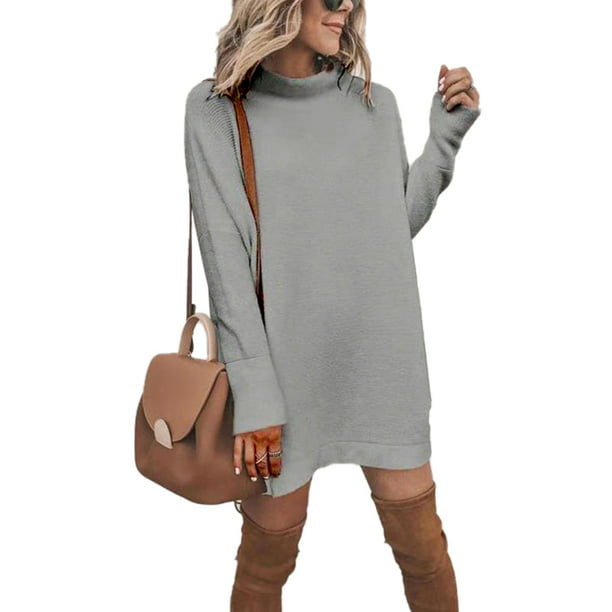 Women Winter Long Sleeve Knitted Pullover Sweater Jumper Long Tops Mini Dress